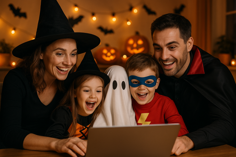 bro create a image where a family buying products through laptop in Halloween costume