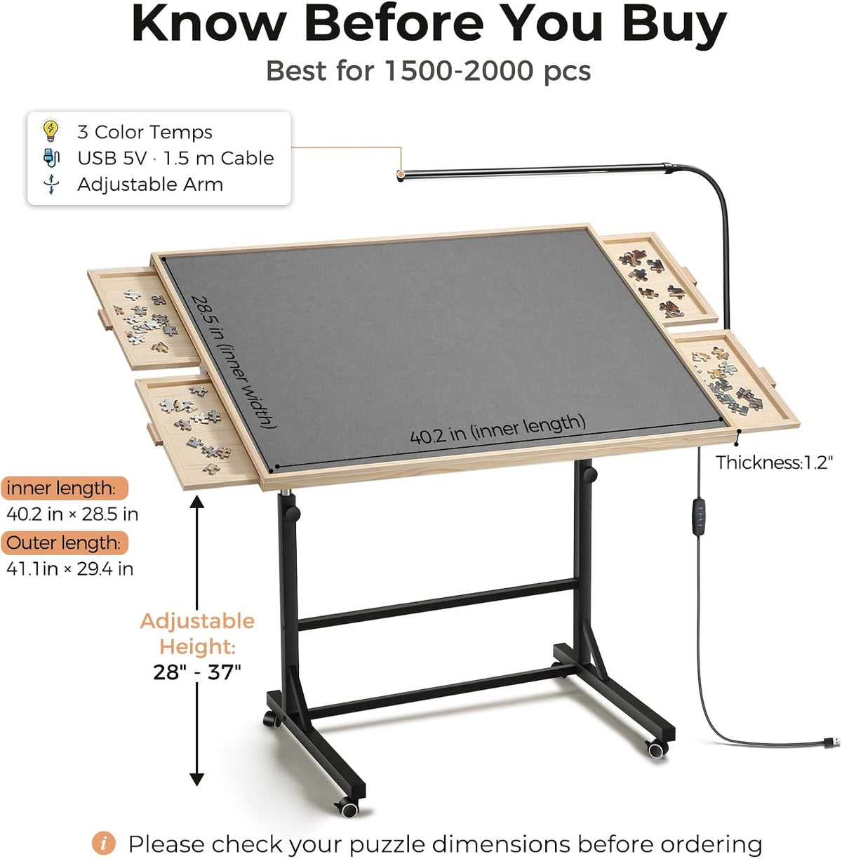 Puzzle Table with LED Light (Grey-led, Large-2000pcs)