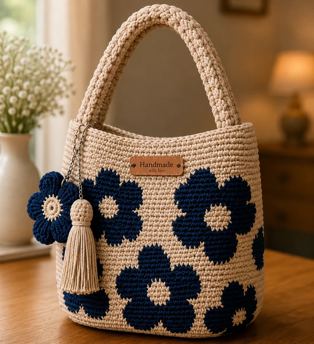 Handmade-Crocheted Flower Tote Bag