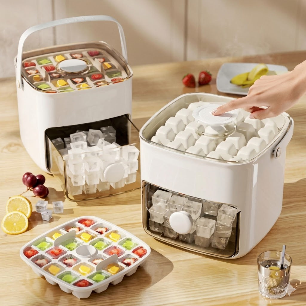 2-Layer Ice Cube Tray with Lid, Large Capacity & Space-Saving, Perfect for Small Freezers. Easy Make & Store.
