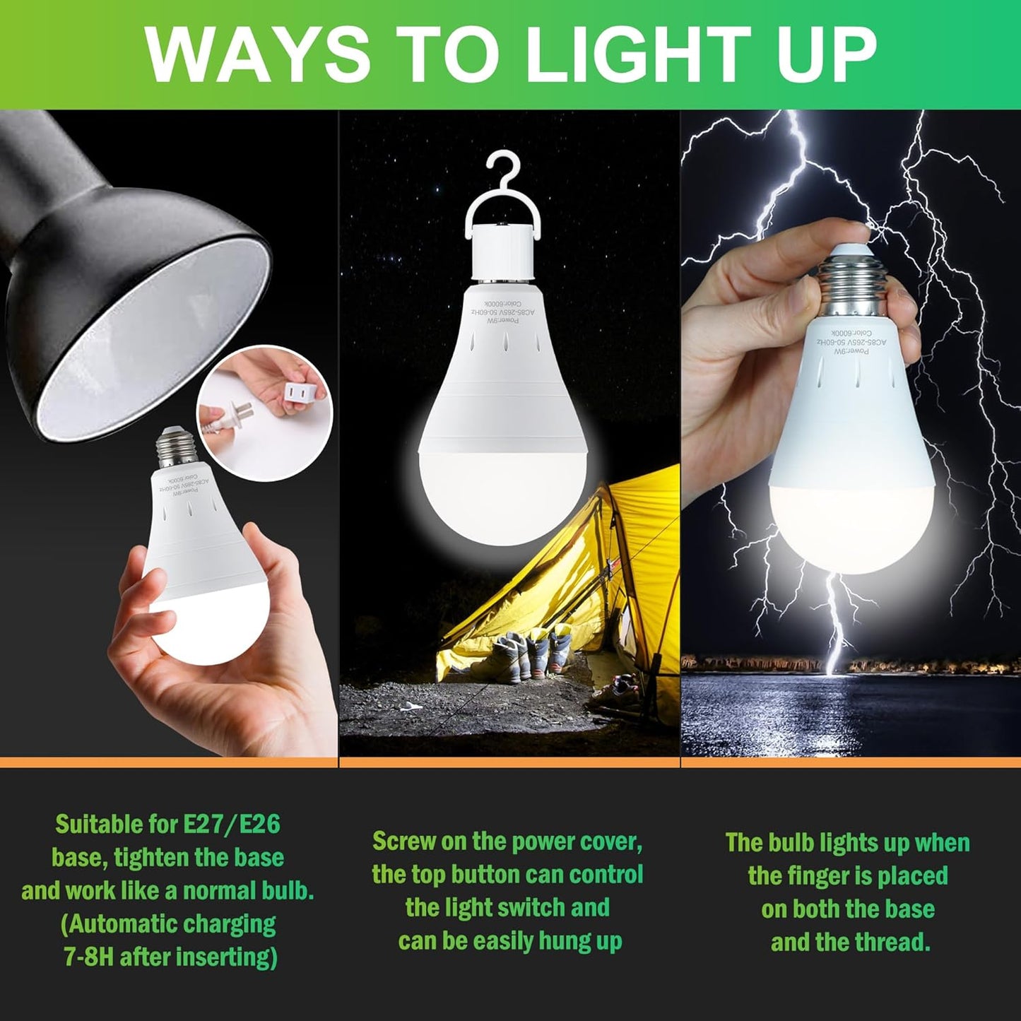 2 Pack Rechargeable LED Light Bulbs, 9W,60W Equivalent, Daylight 6000K
