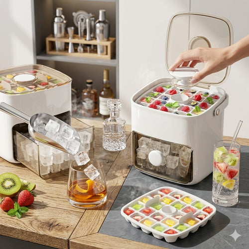 2-Layer Ice Cube Tray with Lid, Large Capacity & Space-Saving, Perfect for Small Freezers. Easy Make & Store.